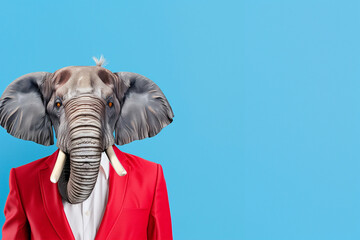 Elephant in a red suit portrait with a colorful background for creative imagery