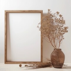 Wooden frame mockup with dried flowers in a vase. Minimalistic home decor elements. Empty frame, poster mockup