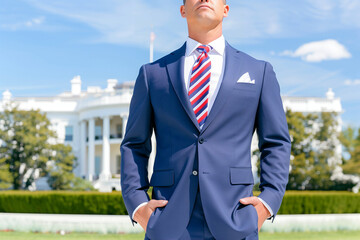 Businessman in suit standing confidently outdoors near a prestigious location representing professional success and leadership