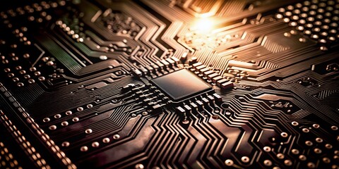 Poster - High-Tech Microchip Circuit Board with Glowing Elements - Advanced Technology and Innovation