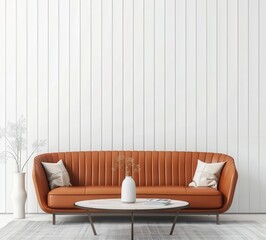 Modern living room interior with a stylish orange leather sofa, a coffee table, and minimalist decor. This image evokes a sense of contemporary elegance and comfort