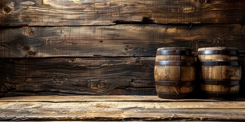 Rustic wooden barrels positioned on aged countertop, background features textured wooden wall, warm lighting accentuates natural grain, ideal for beverage or fermentation themes, copy space.