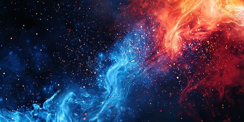 Wall Mural - A blue flame and red flame, with sparks and glowing dust with an abstract magic effect