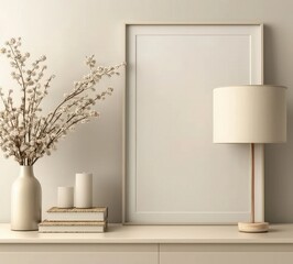 Minimalist interior design with a blank picture frame, a table lamp, a vase of flowers, and books. Interior mockup with a white wall