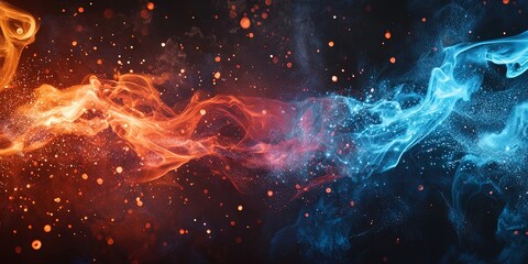 Wall Mural - A blue flame and red flame, with sparks and glowing dust with an abstract magic effect