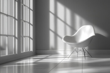 Poster - a plain white chair in an empty room, illustrating simplicity and isolation. concept of minimalism.
