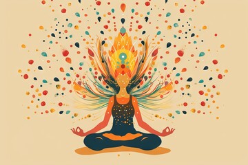 Abstract Meditation Scene of a Woman Practicing Yoga with Vibrant Floral and Geometric Decorations, Symbolizing Inner Peace, Spiritual Balance, and Mindfulness. Digital Illustration