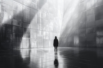 Poster - a person standing in a large, empty room, symbolizing loneliness and contemplation. concept of minim