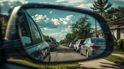 A view of parked cars along a residential street, reflected in a car’s side mirror on a bright, sunny day with clear skies.
