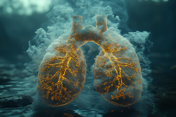Poster - a pair of lungs made of smoke from factory chimneys, illustrating the impact of pollution on respira
