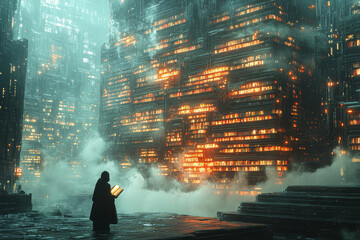Poster - a massive alien library with floating holographic books, symbolizing knowledge and education in alie