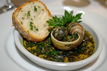 Escargot Gourmet Dish: French Traditional Snails with Herb Butter, Delicious Dinner