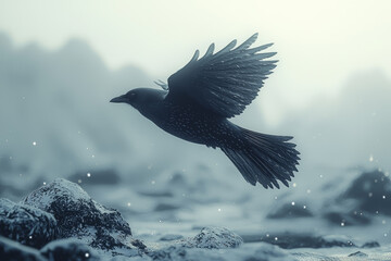 Wall Mural - a lone bird flying across a clear sky, representing independence and solitude. concept of minimalism