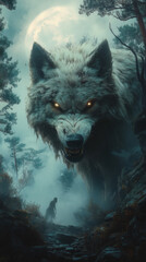  Create a hyper-realistic, dark, and terrifying scene featuring Okuri Inu, the ghostly, wolf-like yokai from Japanese folklore. A lone traveler has just tripped on a rocky mountain path under the pale 