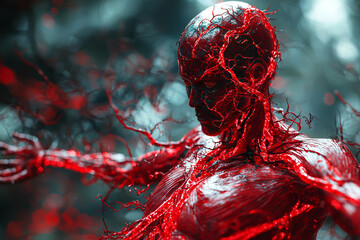 Poster - A human body where blood vessels are depicted as roads, showing the flow of life and the importance of circulation in maintaining health. Concept of health.