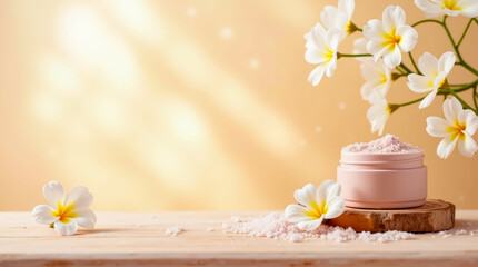 Poster - A pink cream jar rests on a wooden platform surrounded by delicate flowers, creating a tranquil atmosphere that emphasizes skincare and natural beauty