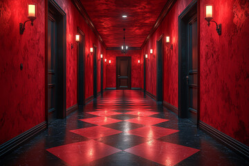 Aufkleber - A hallway with doors leading to different realities, symbolizing the many choices and outcomes of parallel universes. Concept of possibilities.