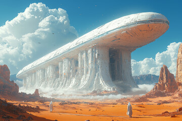 Aufkleber - A giant alien structure hovering over a desert landscape, representing the awe and mystery of alien architecture. Concept of architecture.