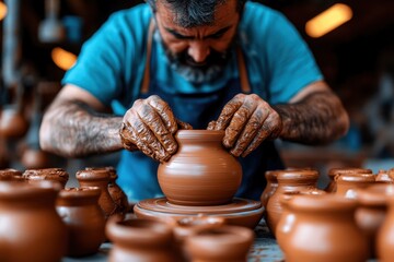 A focused craftsman expertly molds a clay pot on a spinning wheel in a traditional pottery workshop, with other freshly made pots surrounding the workstation.