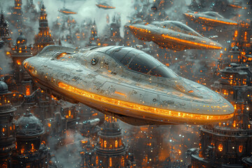 Wall Mural - a fleet of alien ships exploring the edge of a galaxy, representing curiosity and expansion. concept