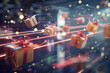 © alexandro900 - Pacchetti regalo che volano attraverso una connessione Wi-Fi visibile. Simboleggiano la velocità e l'efficienza dello shopping online