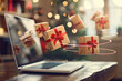 © alexandro900 - Pacchetti regalo che volano attraverso una connessione Wi-Fi visibile. Simboleggiano la velocità e l'efficienza dello shopping online