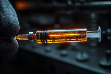 Poster - a doctor's hand holding a syringe with a glowing liquid inside, representing the importance of vacci