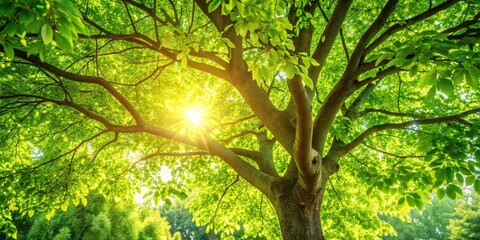 Warm sunlight filtered through the leaves of a lush green tree on a summer day, foliage, outdoors, daylight