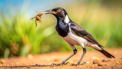 Wall Mural - Pied starling or African pied starling Lamprotornis bicolor with dead spider in beab Wide-Angle