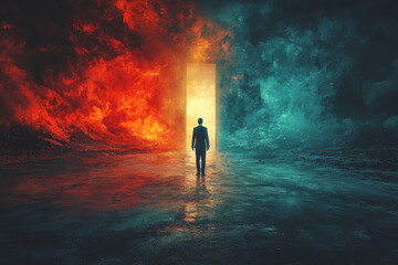 Poster - A businessperson standing at a crossroads, with one path leading to opportunity and the other to risk, symbolizing decision-making in business. Concept of business.