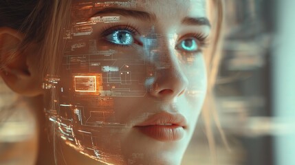 Aufkleber - Close-up of a woman's face with digital holographic elements, symbolizing futuristic technology, artificial intelligence, and human-computer interaction, Generative AI
