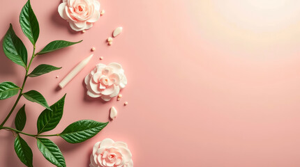 Sticker - Soft pink roses accompanied by lush green leaves are artfully arranged on a pastel pink background, creating a tranquil and inviting atmosphere that evokes natures beauty