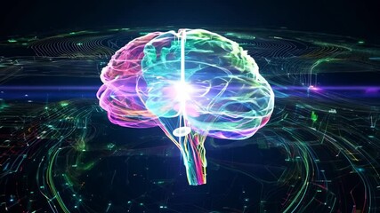 Poster - Digital holographic AI brain science concept. Artificial intelligence brain network