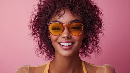 A cheerful young woman with curly hair wearing yellow sunglasses against a vibrant pink background during a sunny day