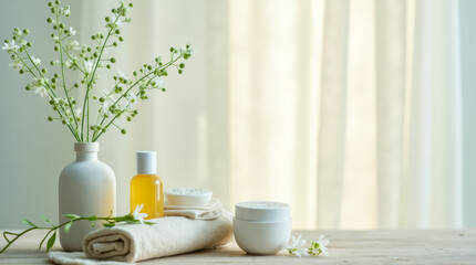 Wall Mural - A calming spa setup features natural skincare products, soft towels, and fresh flowers, all bathed in gentle, natural light for a serene atmosphere