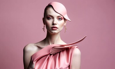 Poster - A stunning model presents a unique, artistic outfit with intricate details that blend modern fashion and creativity in a captivating pink environment