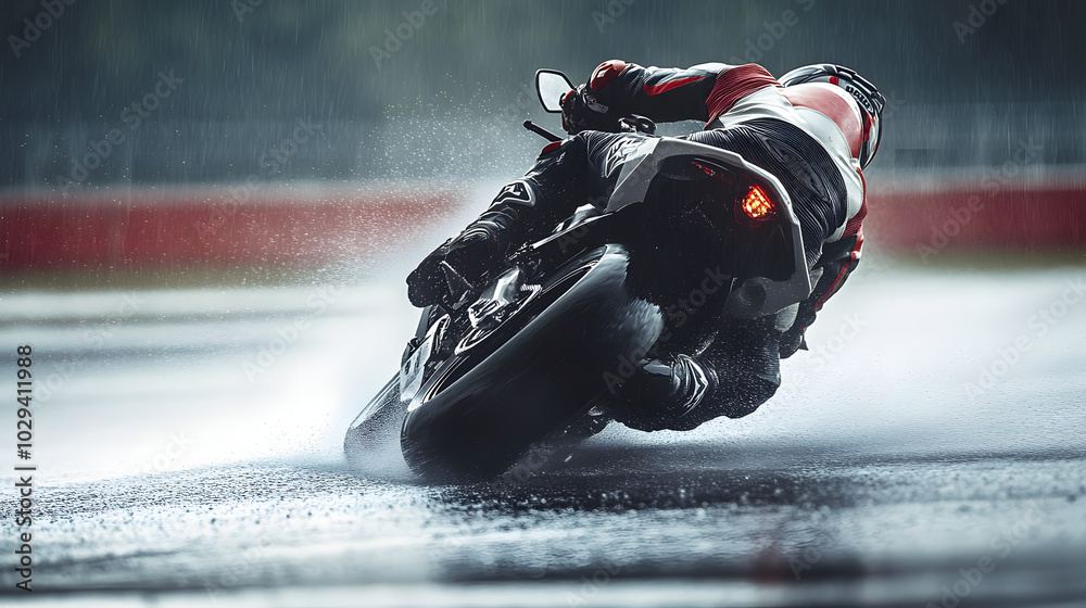 A motorcycle in a race through a rain-soaked racetrack water spraying