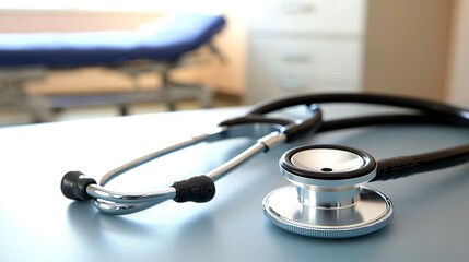 A close-up of a stethoscope resting on a table, with a blurred hospital bed in the background, symbolizing healthcare and medical practice.