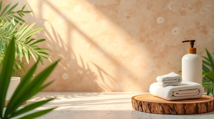 Poster - A serene spa setting features neatly folded towels on a wooden tray, an essential oil bottle, and lush green plants illuminated by soft morning light