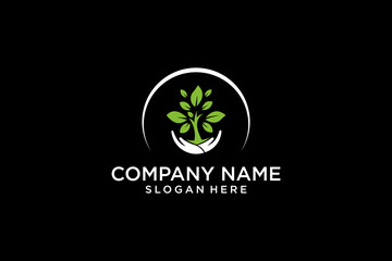 Human hand and green leafy tree. Logo, symbol, icon, illustration, vector, template, design