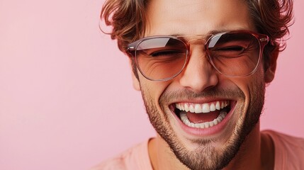 A young man smiling joyfully against a vibrant pink background during a sunny afternoon, exuding happiness and confidence