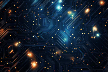 Fototapete - High-tech background with glowing pathways and components on circuit board. Concept of advanced technology and electronics