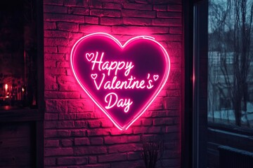 a glowing pink neon sign wishing happy valentine's day adorns a dark brick wall, creating a romantic