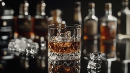 A bottle of whiskey is poured over ice into a glass. Whiskey glass against a reflective black background. Various alcoholic drink bottles may be seen in the background.