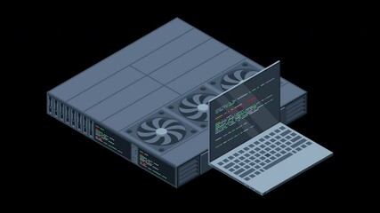 Poster - isometric server animation. server racks. server boxes isolated. network server room. computer netwo