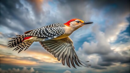 Wall Mural - Red bellied Woodpecker in flight against cloudy sky