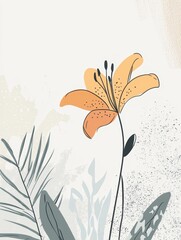 Wall Mural - An orange lily blooms elegantly with slender green leaves and subtle background patterns, creating a tranquil botanical art vibe