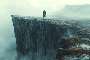Poster - A businessman standing at the edge of a cliff, symbolizing the risk of financial ruin. Concept of business.