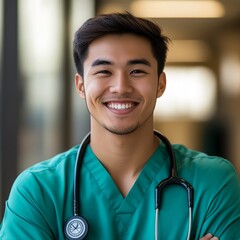 Smiling male healthcare professional in scrubs with a stethoscope, ready to assist patients.