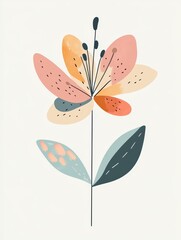 Wall Mural - The artwork showcases a colorful flower with abstract petals and simple leaves, blending soft hues against a pale backdrop